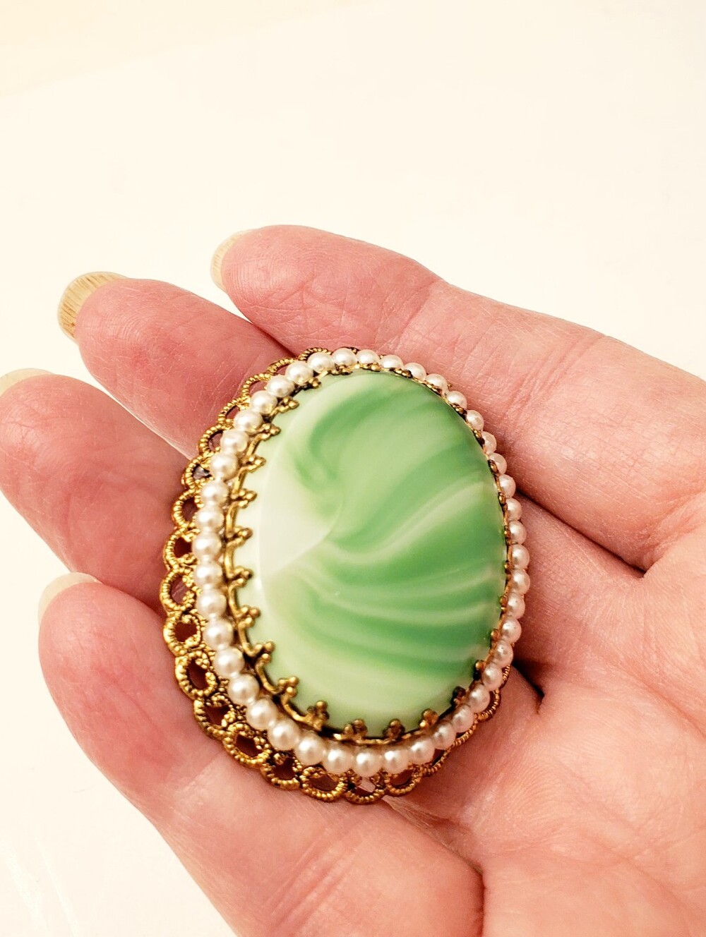 WEST GERMANY Green Glass Swirl Brooch with Pearl Detail, Lovely Color